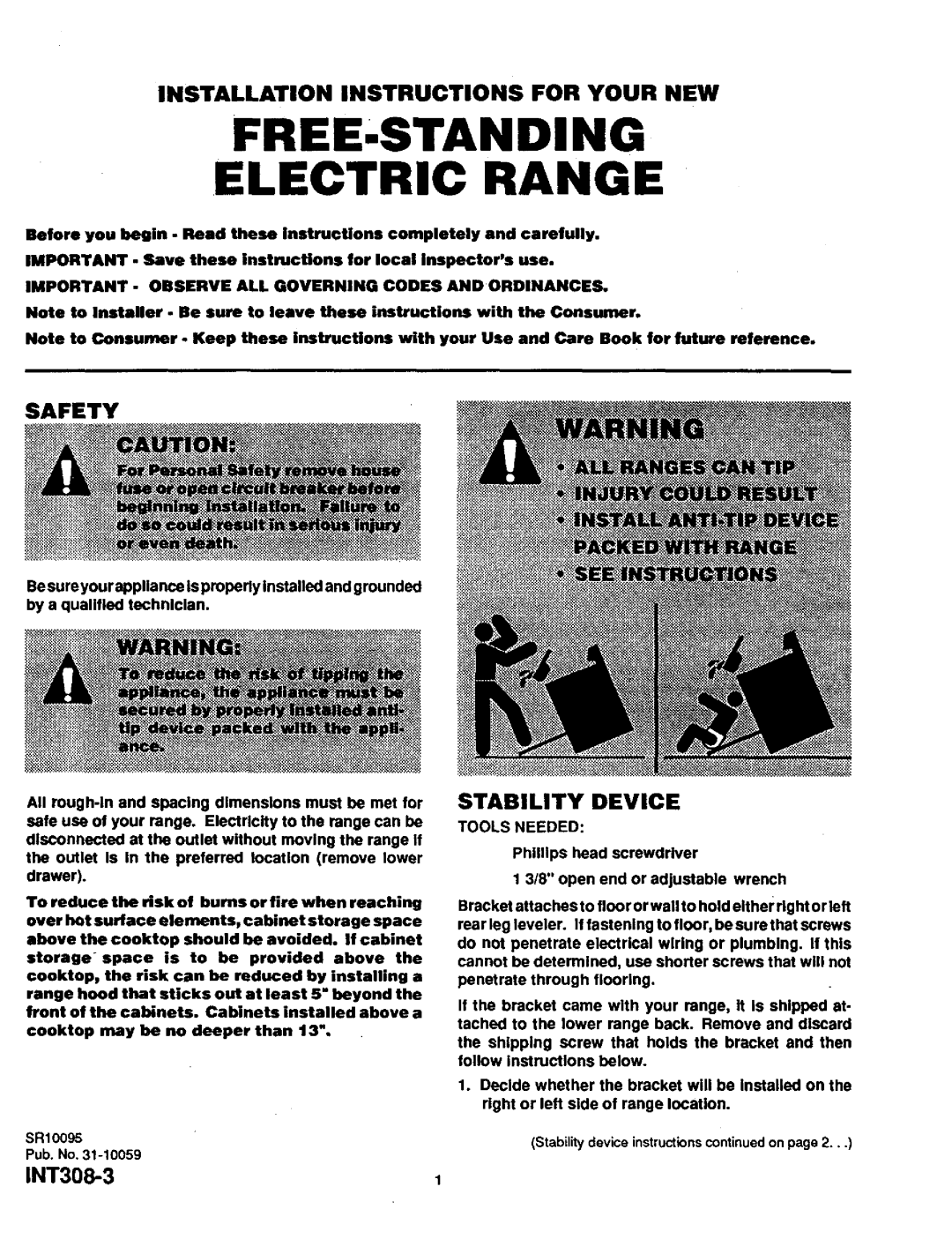 Sears SR10095 installation instructions Installation Instructions For Your New, Safety, Stability Device, INT308-31 