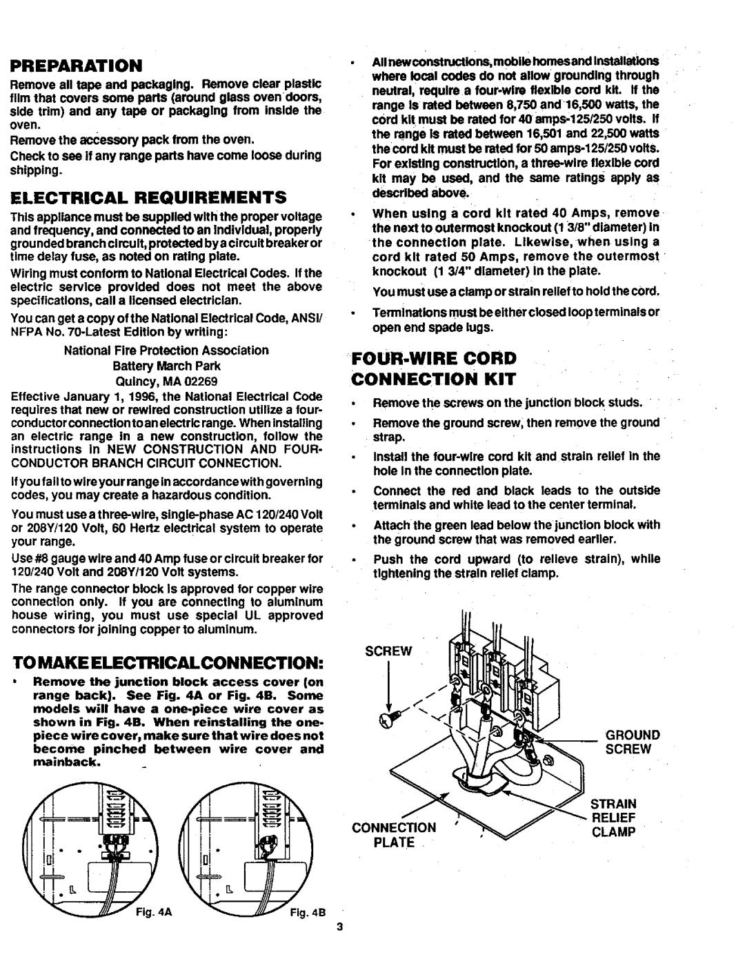 Sears SR10095 Preparation, Electrical Requirements, To Make Electricalconnection, Four-Wirecord Connection Kit 