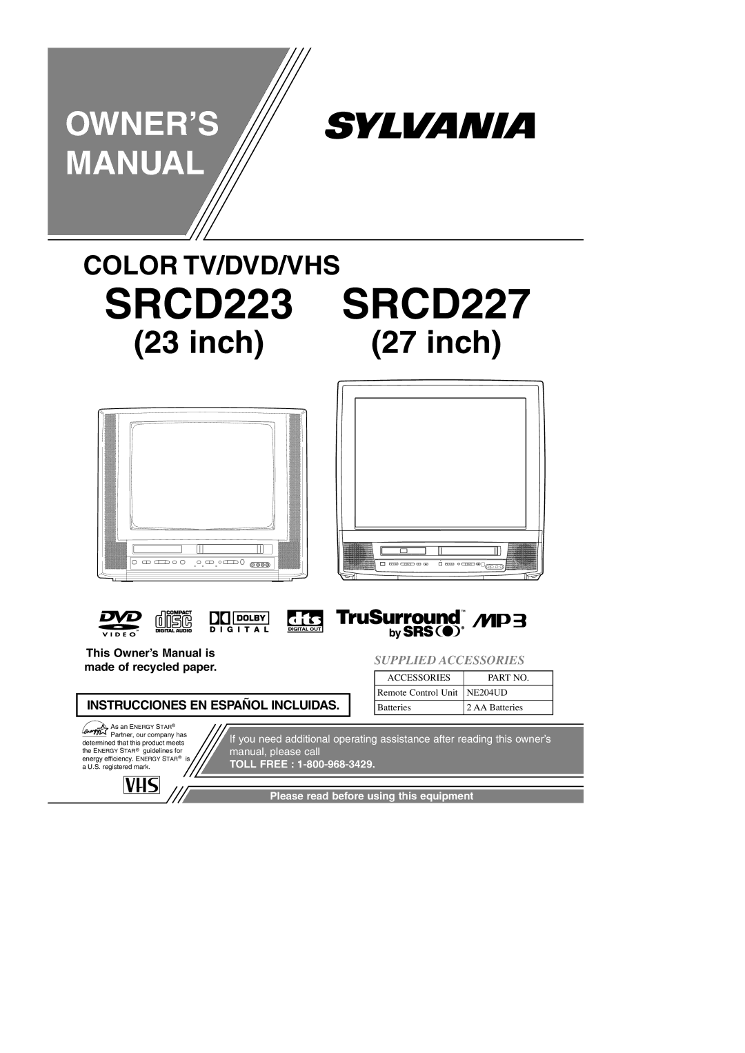 Sears owner manual SRCD223 SRCD227, Supplied Accessories 