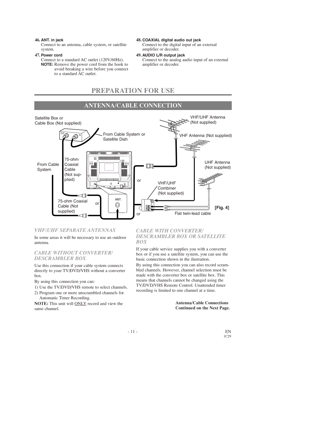 Sears SRCD223, SRCD227 owner manual Preparation for USE, ANTENNA/CABLE Connection, VHF/UHF Separate Antennas 