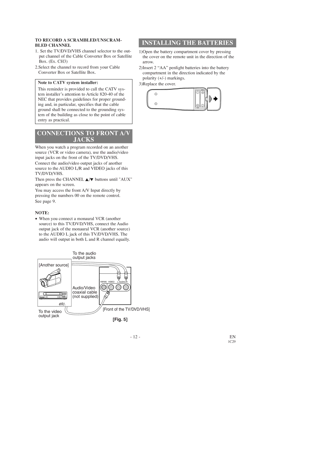 Sears SRCD227 Installing the Batteries, Connections to Front A/V Jacks, To Record a SCRAMBLED/UNSCRAM- Bled Channel 