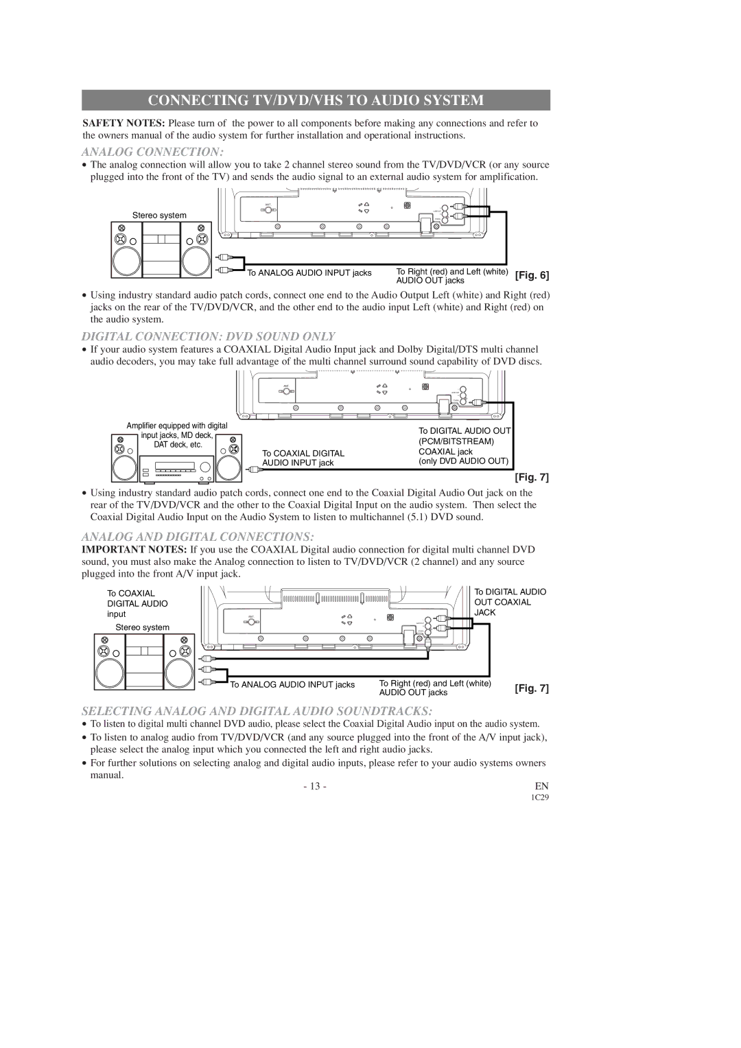 Sears SRCD223, SRCD227 Connecting TV/DVD/VHS to Audio System, Analog Connection, Digital Connection DVD Sound only 