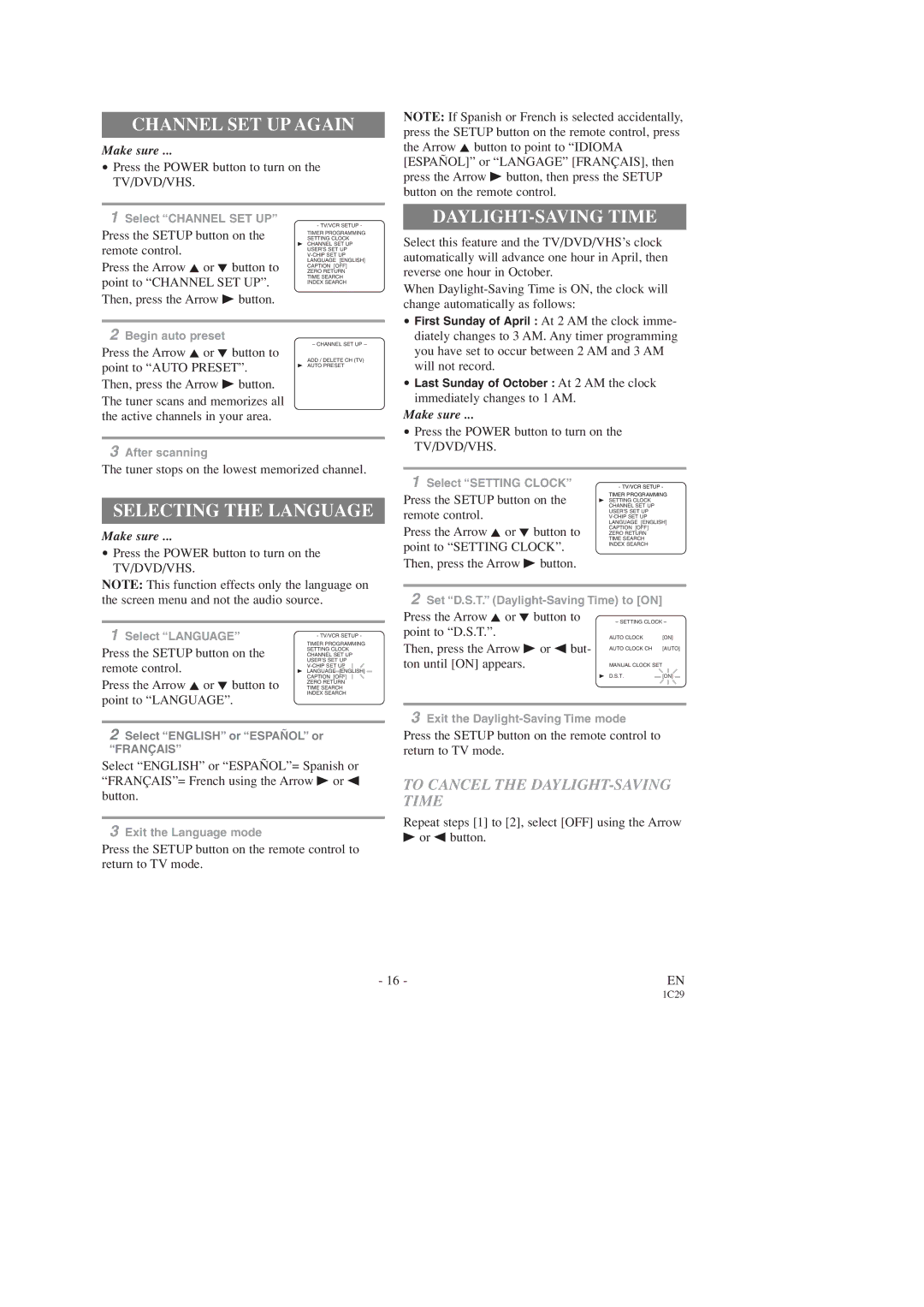 Sears SRCD227, SRCD223 owner manual Channel SET UP Again, Selecting the Language, To Cancel the DAYLIGHT-SAVING Time 