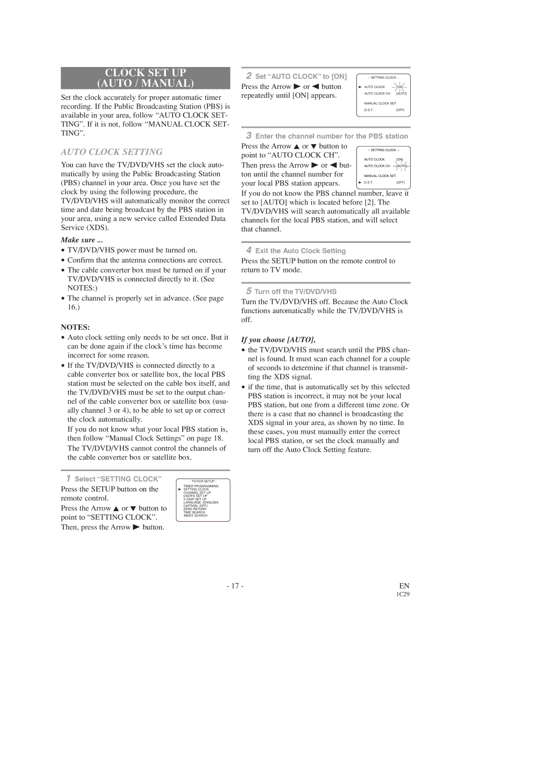 Sears SRCD223, SRCD227 owner manual Clock SET UP Auto / Manual, Auto Clock Setting 