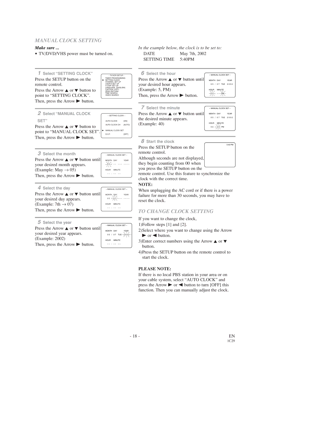 Sears SRCD227, SRCD223 owner manual Manual Clock Setting, To Change Clock Setting, Date, Setting Time, Please Note 