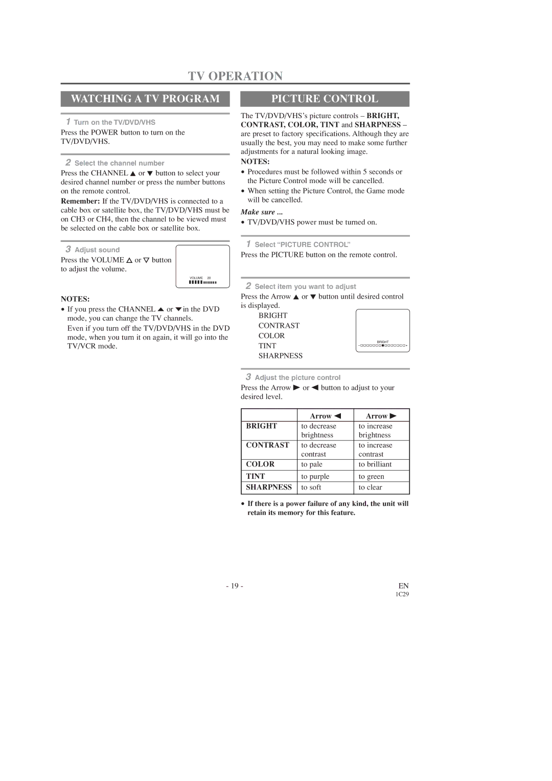 Sears SRCD223, SRCD227 owner manual TV Operation, Watching a TV Program, Picture Control 