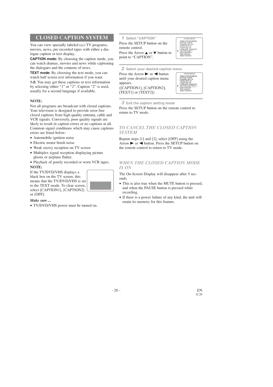 Sears SRCD227, SRCD223 To Cancel the Closed Caption System, When the Closed Caption Mode is on, CAPTION1, CAPTION2 