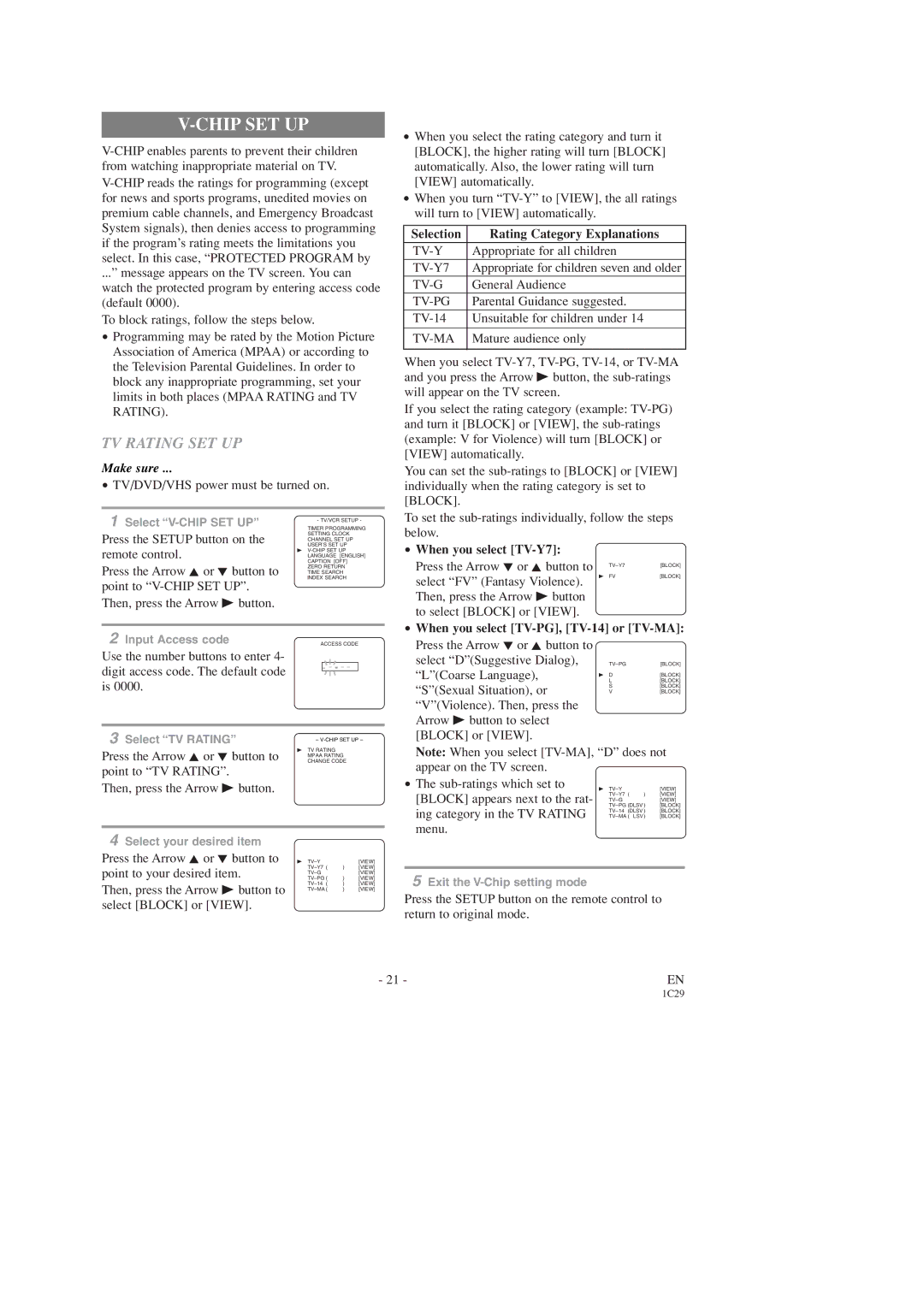 Sears SRCD223, SRCD227 Chip SET UP, TV Rating SET UP, Selection Rating Category Explanations, When you select TV-Y7 