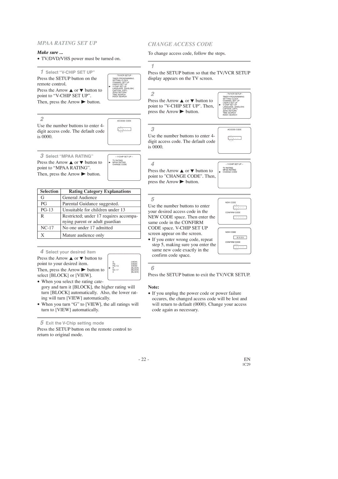 Sears SRCD227, SRCD223 owner manual Mpaa Rating SET UP, Change Access Code 