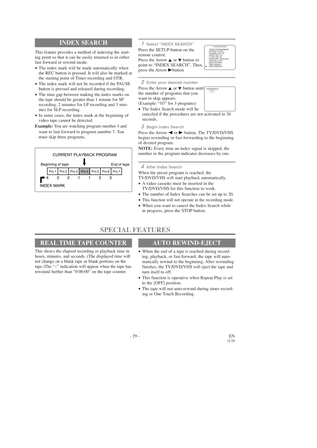 Sears SRCD223, SRCD227 owner manual Special Features, Index Search, Real Time Tape Counter, Auto REWIND-EJECT 