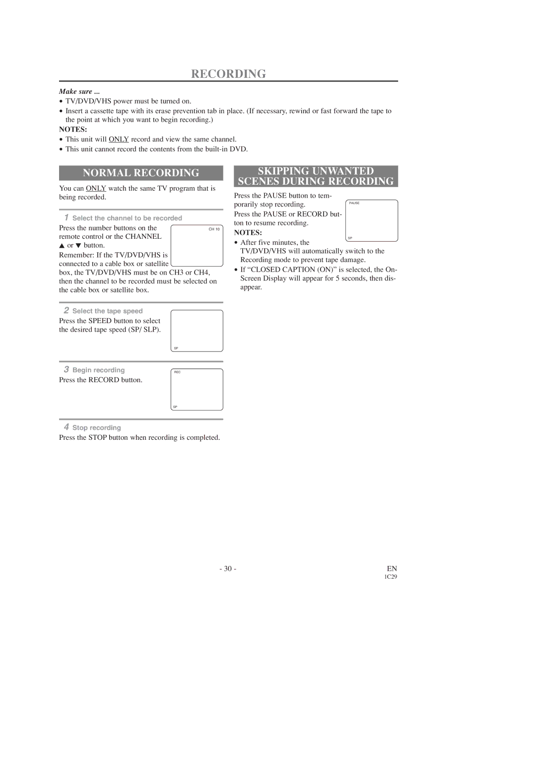 Sears SRCD227, SRCD223 owner manual Normal Recording, Skipping Unwanted Scenes During Recording 