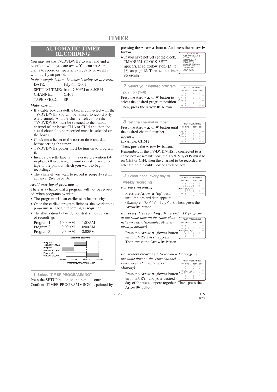 Sears SRCD227, SRCD223 owner manual Automatic Timer Recording, Channel CH61 Tape Speed SP 