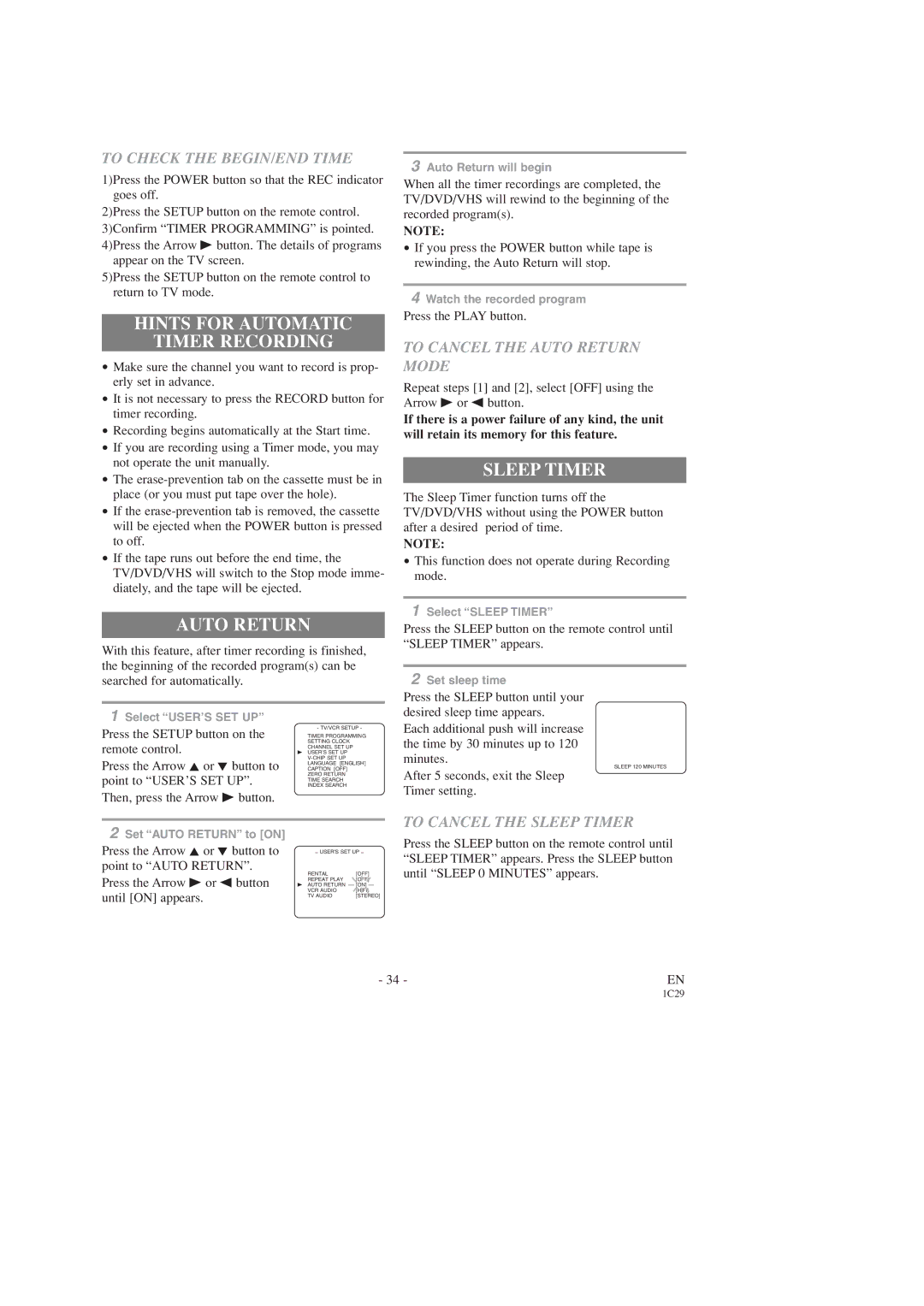 Sears SRCD227, SRCD223 owner manual Hints for Automatic Timer Recording, Auto Return, Sleep Timer 