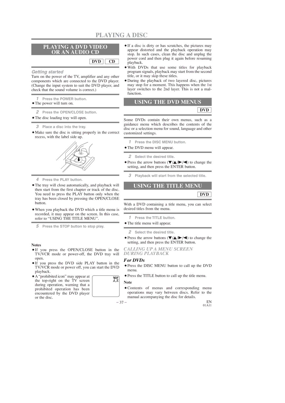 Sears SRCD223, SRCD227 owner manual Playing a DVD Video Or AN Audio CD, Using the DVD Menus, Using the Title Menu 