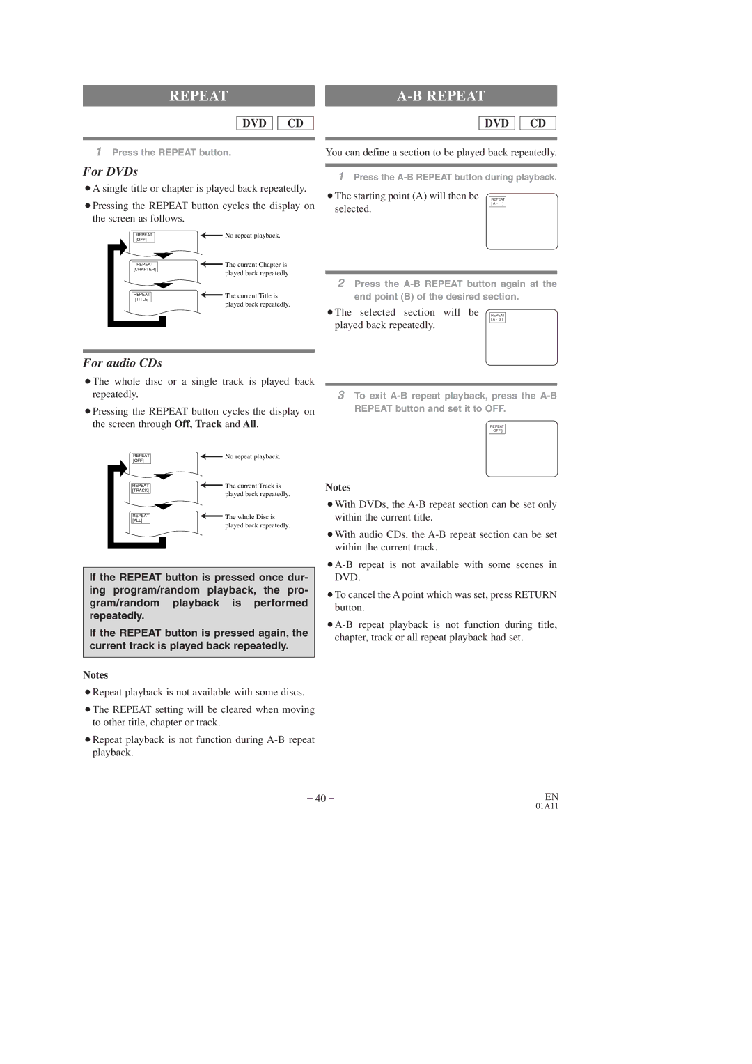 Sears SRCD227, SRCD223 owner manual Repeat, ¡A single title or chapter is played back repeatedly 