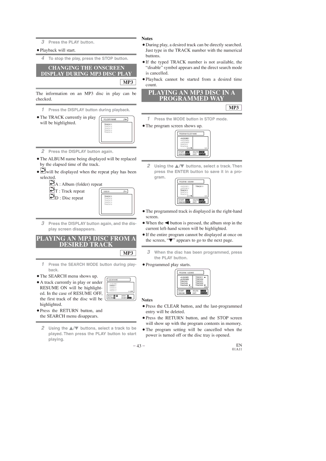 Sears SRCD223, SRCD227 owner manual Playing AN MP3 Disc from a Desired Track, Playing AN MP3 Disc in a Programmed WAY 