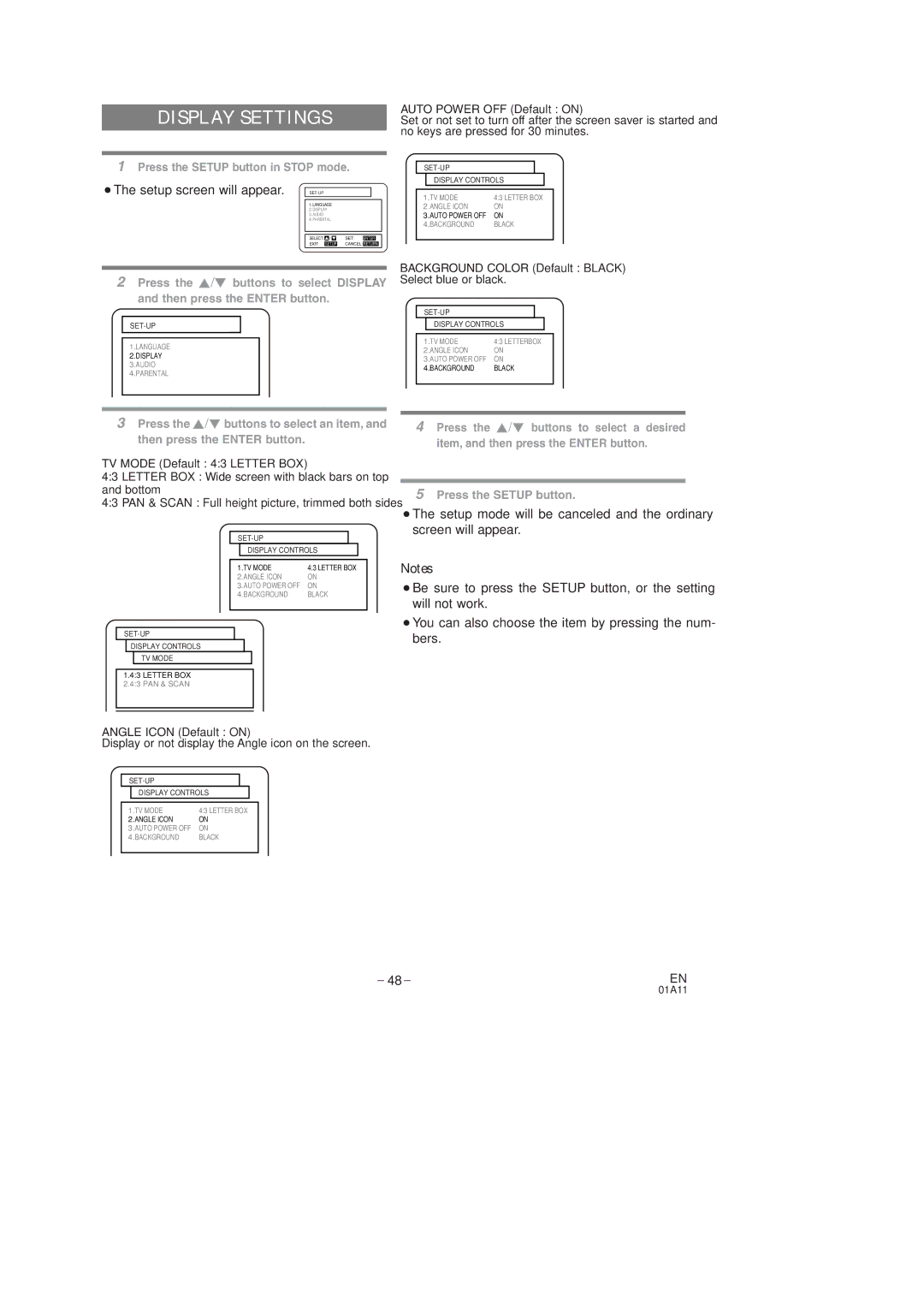 Sears SRCD227, SRCD223 owner manual Display Settings, Auto Power OFF Default on 