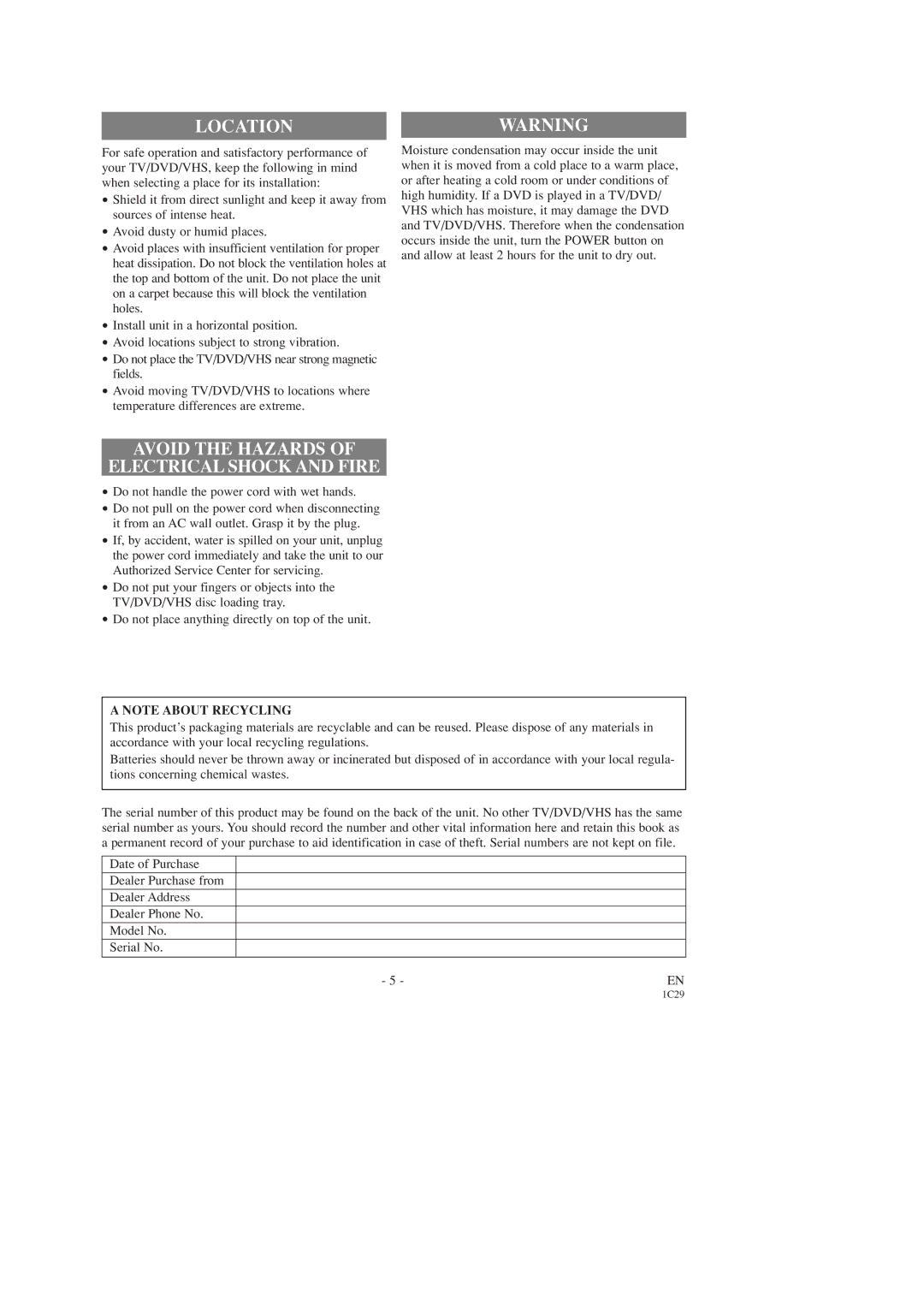 Sears SRCD223, SRCD227 owner manual Location, Avoid the Hazards Electrical Shock and Fire 