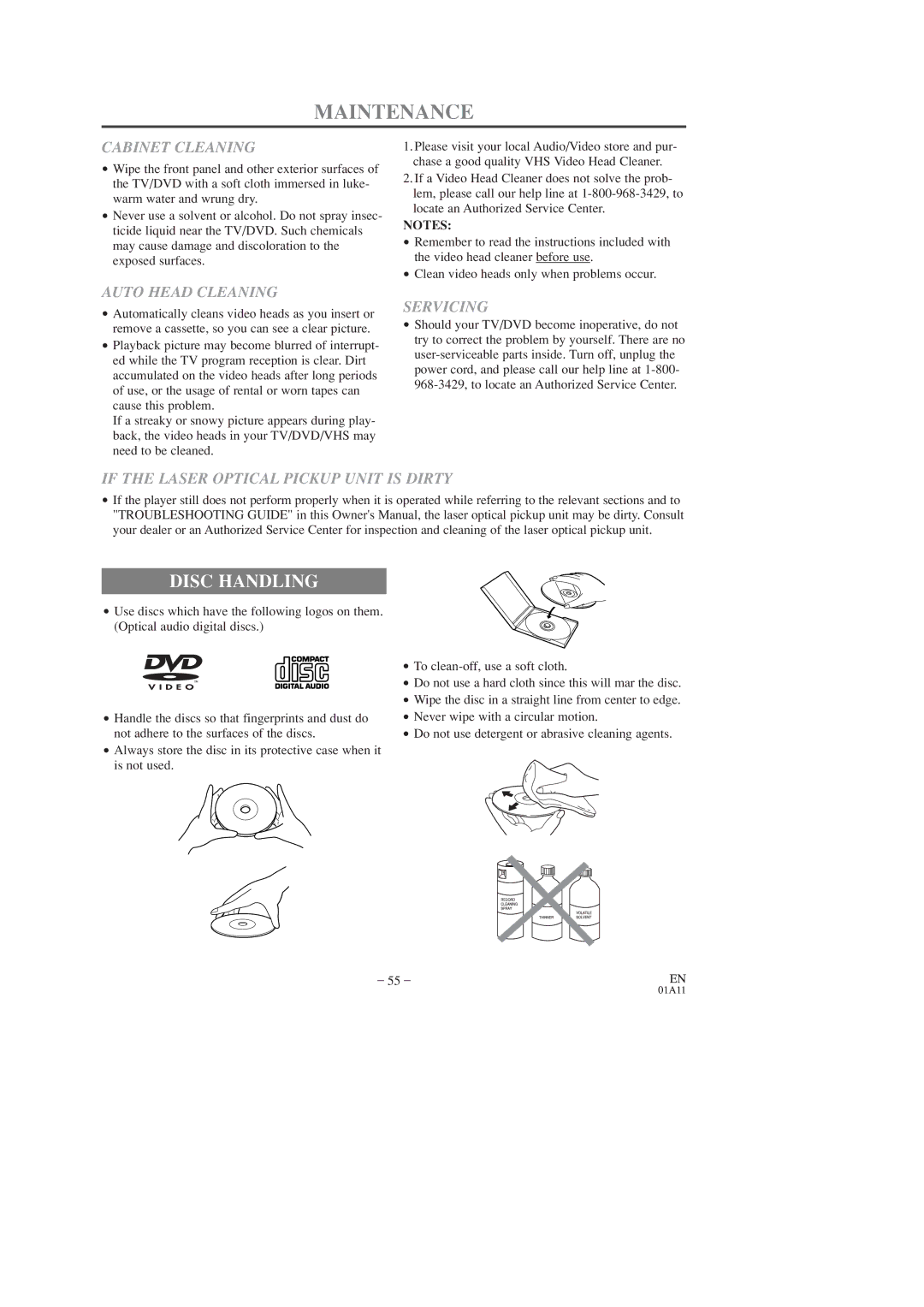 Sears SRCD223, SRCD227 owner manual Maintenance, Disc Handling 