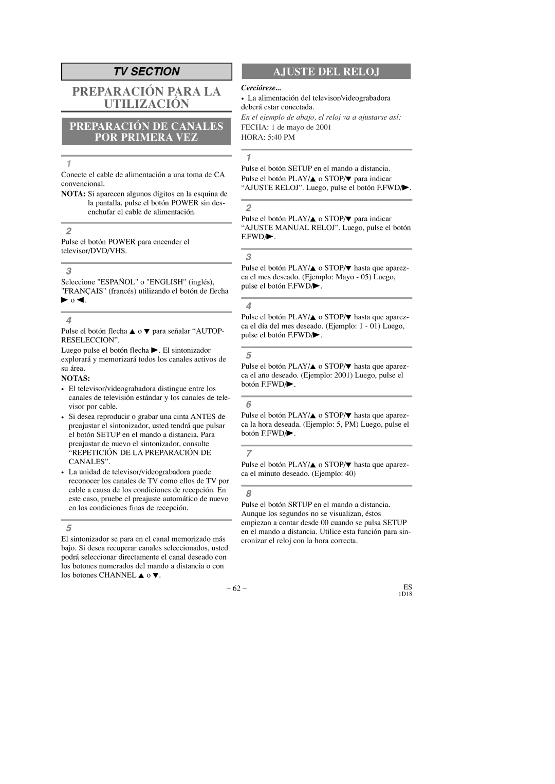 Sears SRCD227, SRCD223 owner manual Preparación DE Canales POR Primera VEZ, Ajuste DEL Reloj, Reseleccion 