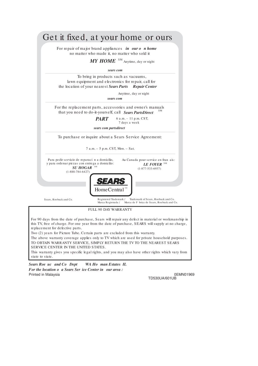 Sears SRCD227, SRCD223 owner manual 0EMN01969, TD530UA/601UB 