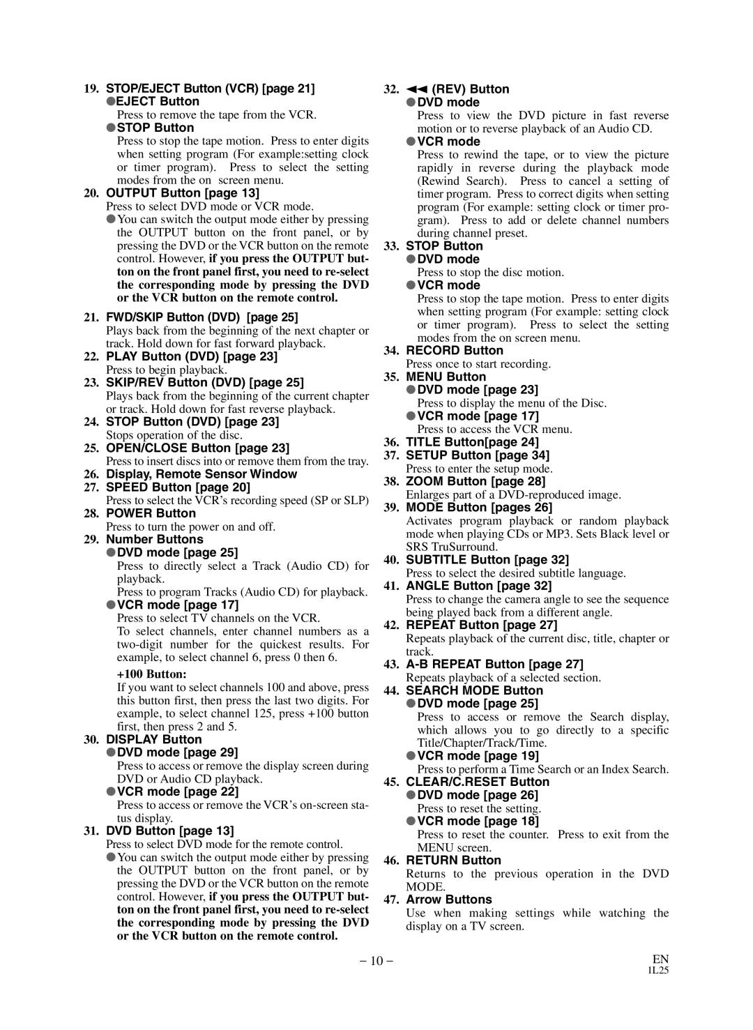 Sears SRD2900 STOP/EJECT Button VCR page 21 Eject Button, Stop Button, Output Button, FWD/SKIP Button DVD, Play Button DVD 