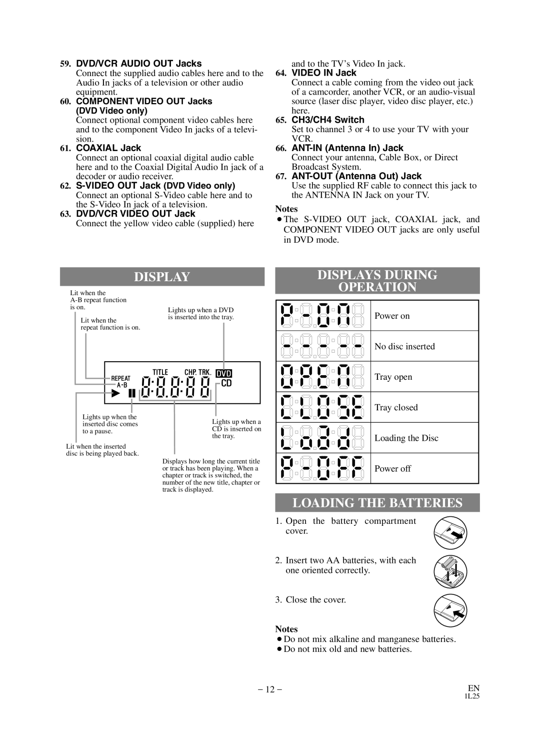 Sears SRD2900 owner manual Display Displays During, Operation, Loading the Batteries 