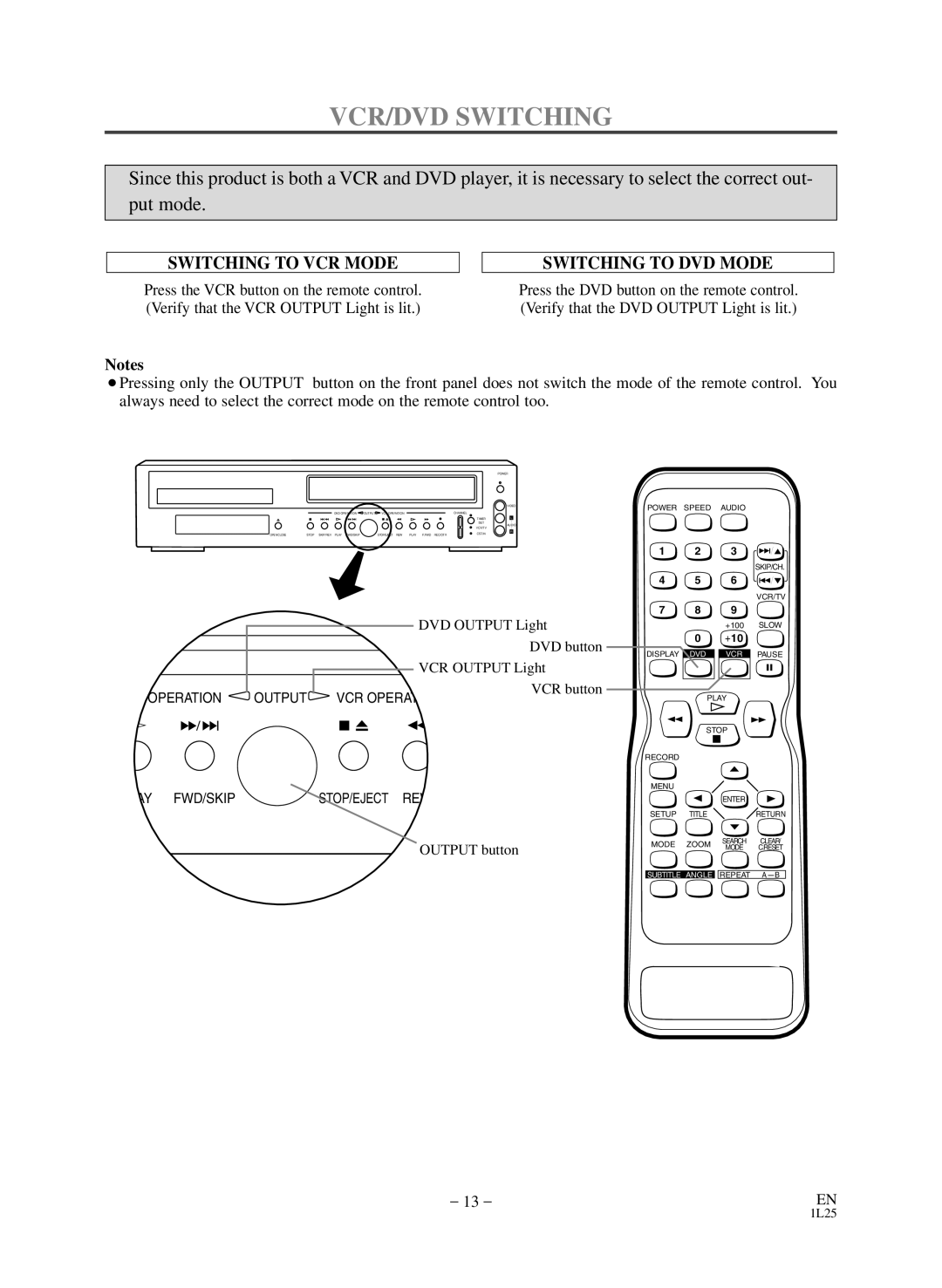 Sears SRD2900 owner manual VCR/DVD Switching, Switching to VCR Mode Switching to DVD Mode 