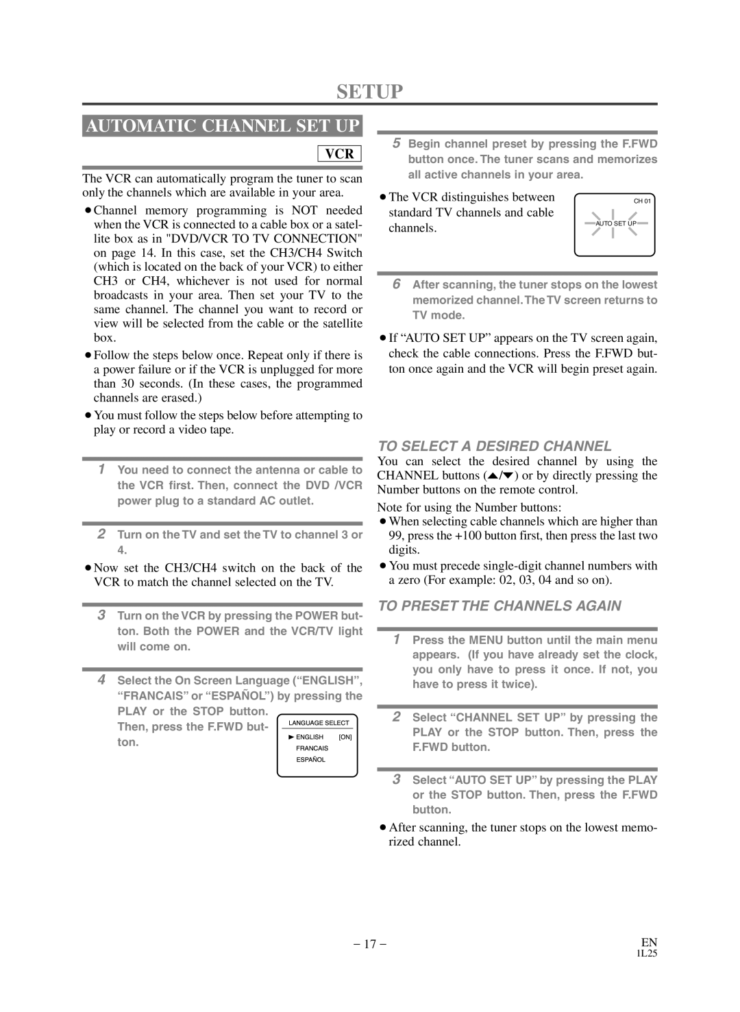 Sears SRD2900 owner manual Setup, Automatic Channel SET UP, To Select a Desired Channel, To Preset the Channels Again 