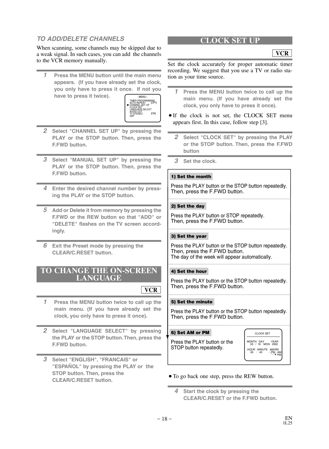 Sears SRD2900 owner manual To Change the ON-SCREEN Language, Clock SET UP, To ADD/DELETE Channels 