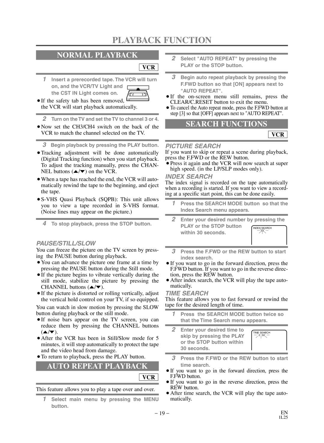 Sears SRD2900 owner manual Playback Function, Normal Playback, Search Functions, Auto Repeat Playback 