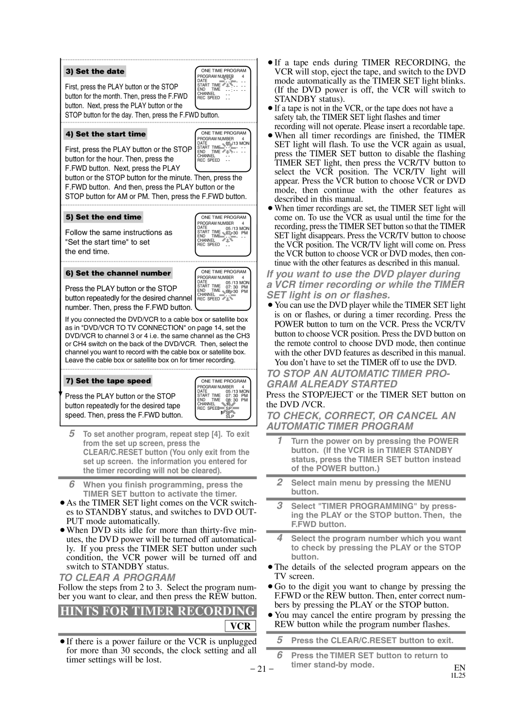 Sears SRD2900 Hints for Timer Recording, To Clear a Program, To Stop AN Automatic Timer PRO- Gram Already Started 