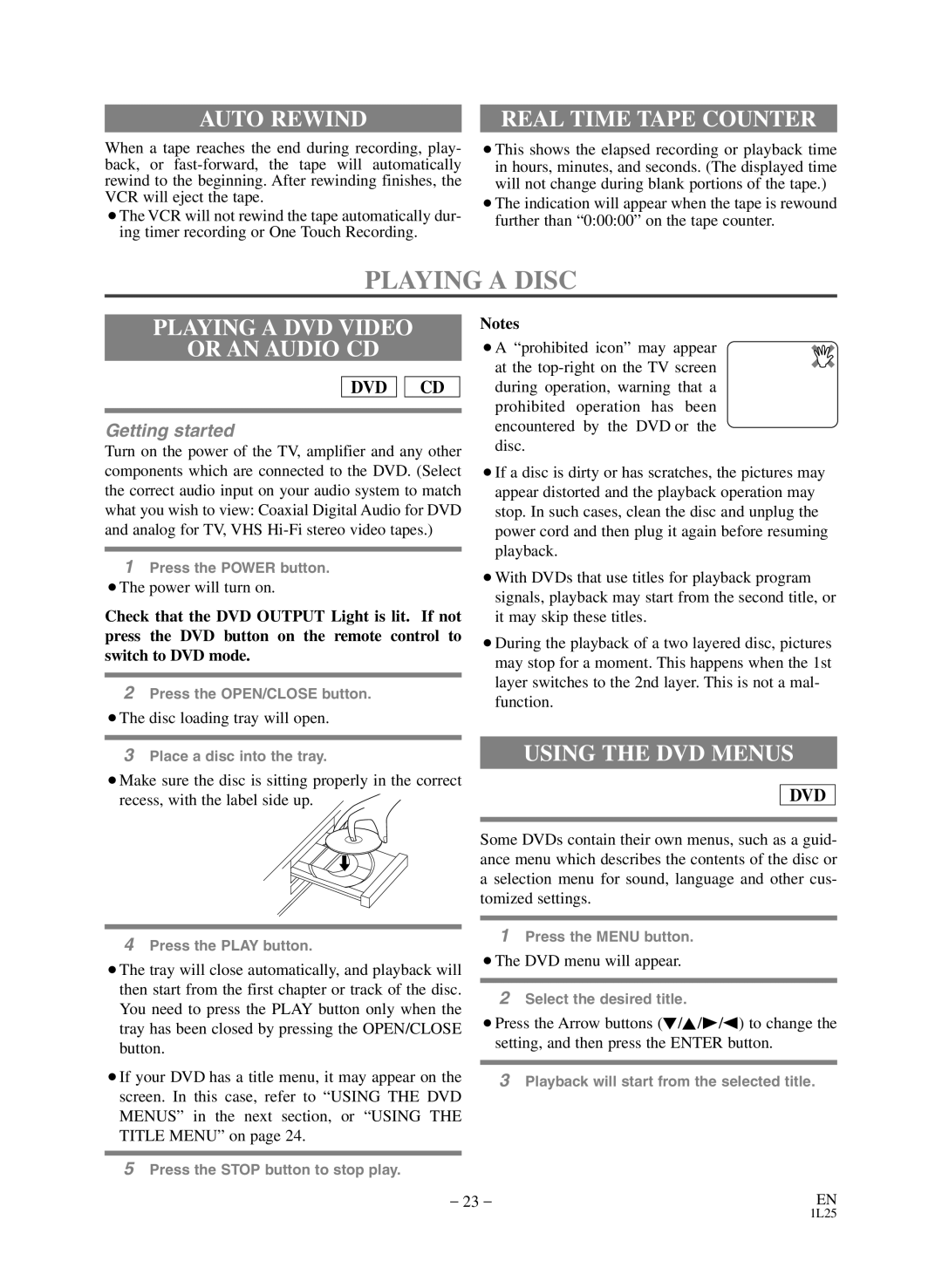 Sears SRD2900 owner manual Playing a Disc, Auto Rewind, Playing a DVD Video Or AN Audio CD, Using the DVD Menus 