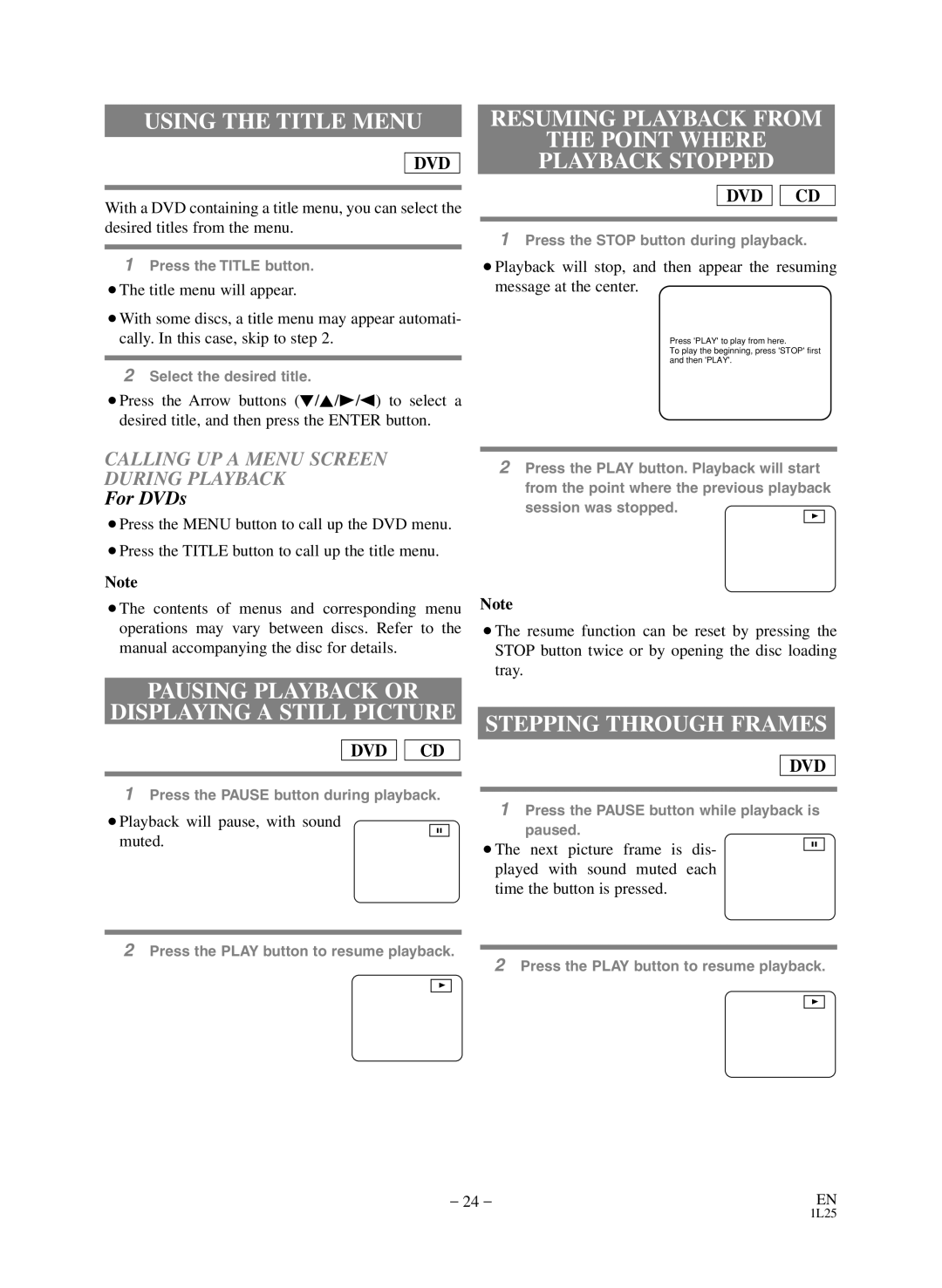 Sears SRD2900 owner manual Using the Title Menu, Pausing Playback or Displaying a Still Picture, Stepping Through Frames 