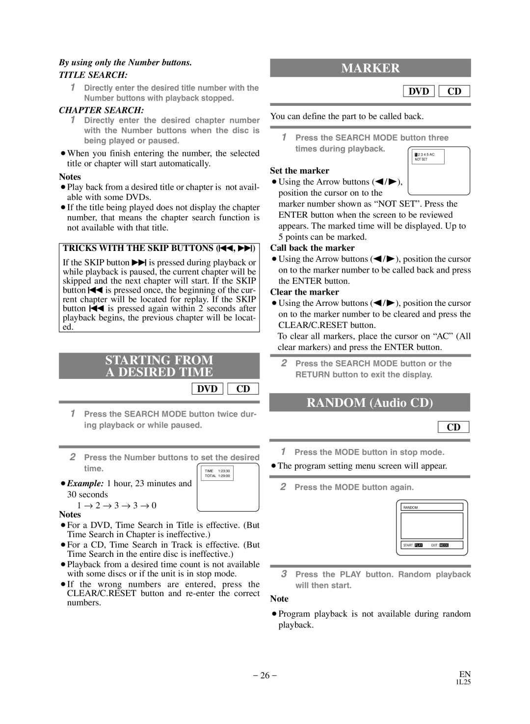 Sears SRD2900 owner manual Starting from Desired Time, Marker, Random Audio CD 