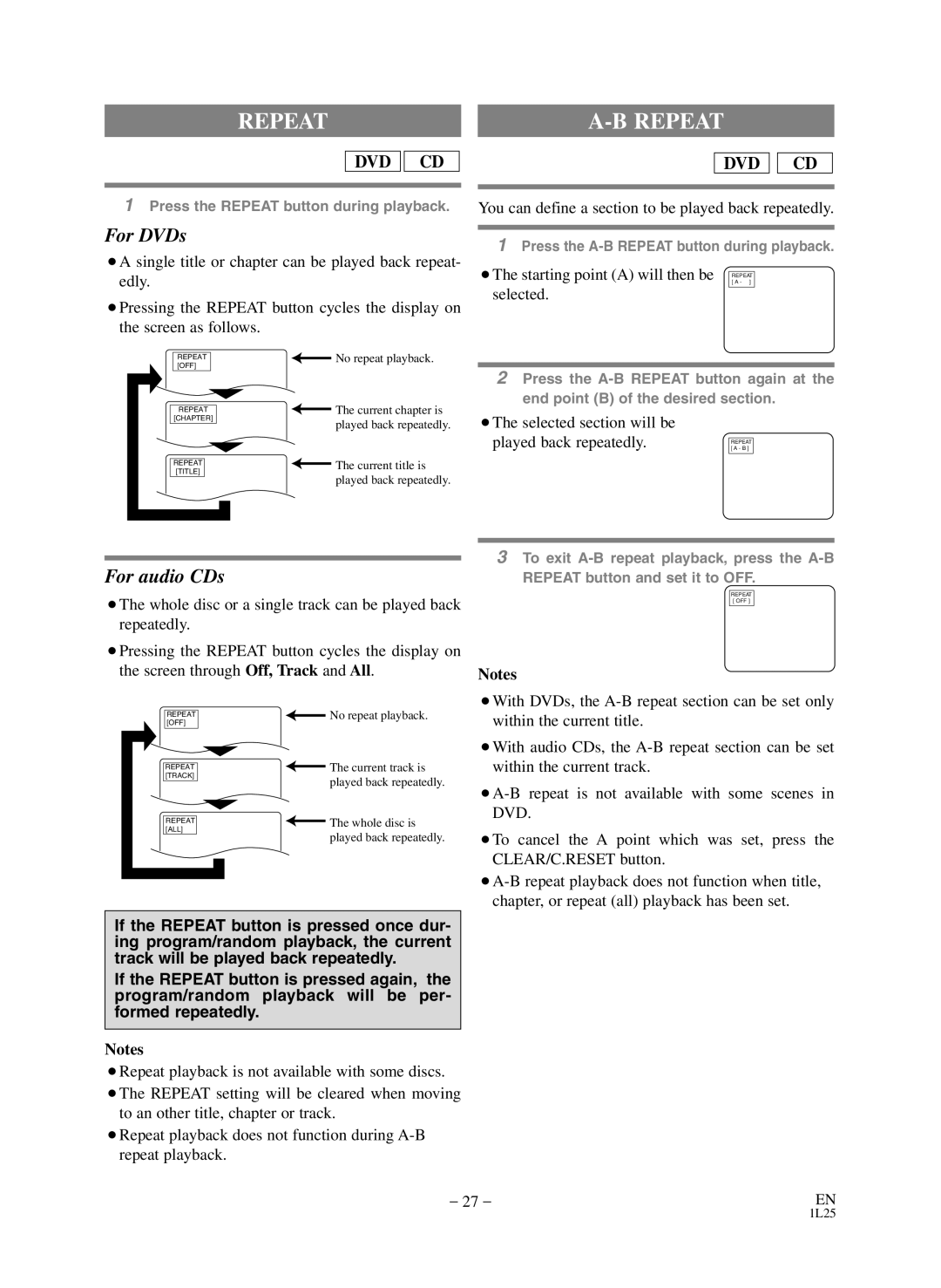 Sears SRD2900 owner manual Repeat, You can define a section to be played back repeatedly 