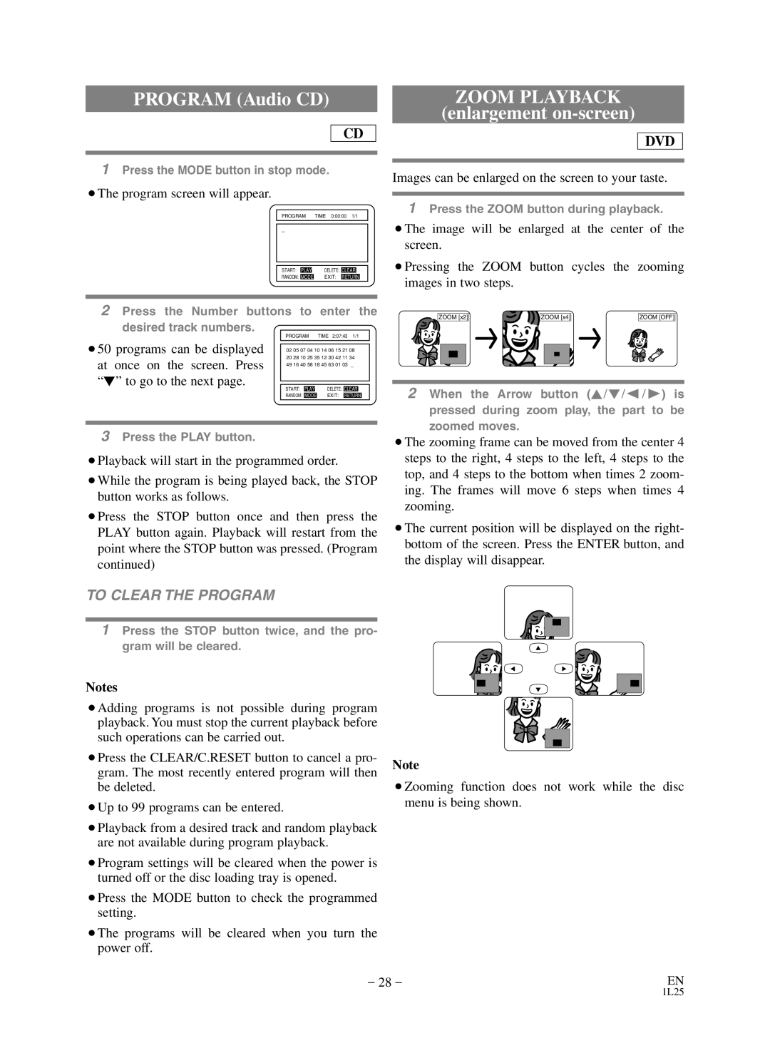 Sears SRD2900 owner manual Program Audio CD, Zoom Playback, Enlargement on-screen, To Clear the Program 