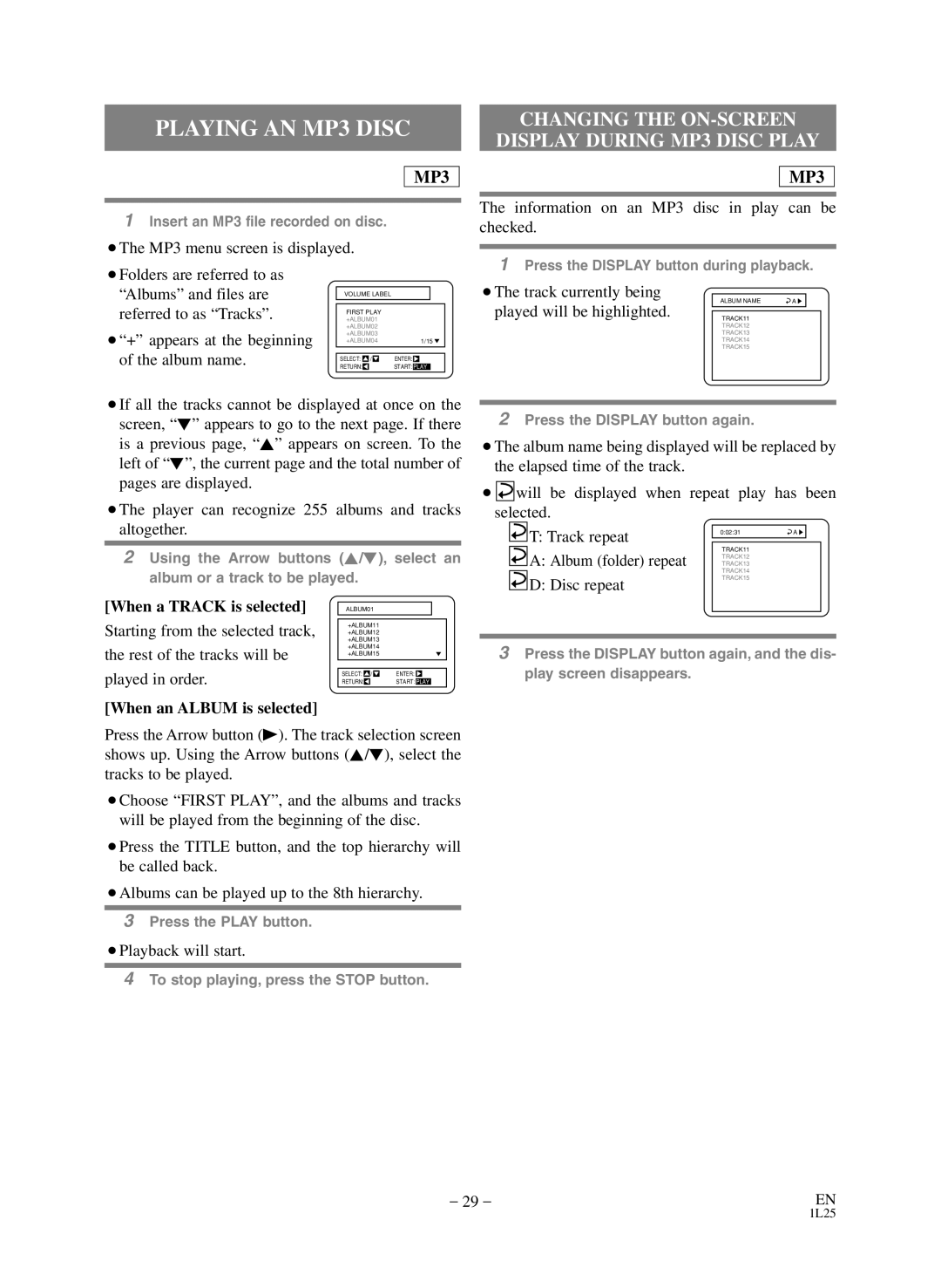 Sears SRD2900 owner manual Playing AN MP3 Disc, When a Track is selected, When an Album is selected 