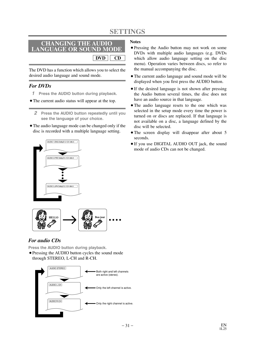 Sears SRD2900 Settings, Changing the Audio Language or Sound Mode, ¡The current audio status will appear at the top 