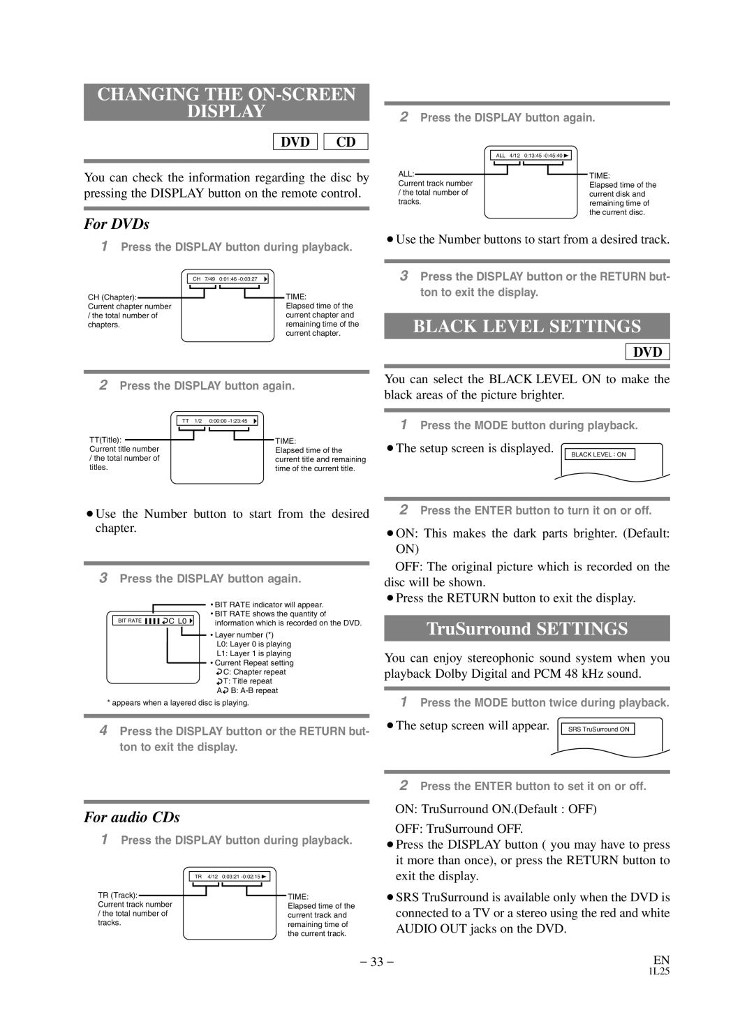 Sears SRD2900 owner manual Changing the ON-SCREEN Display, Black Level Settings, TruSurround Settings 