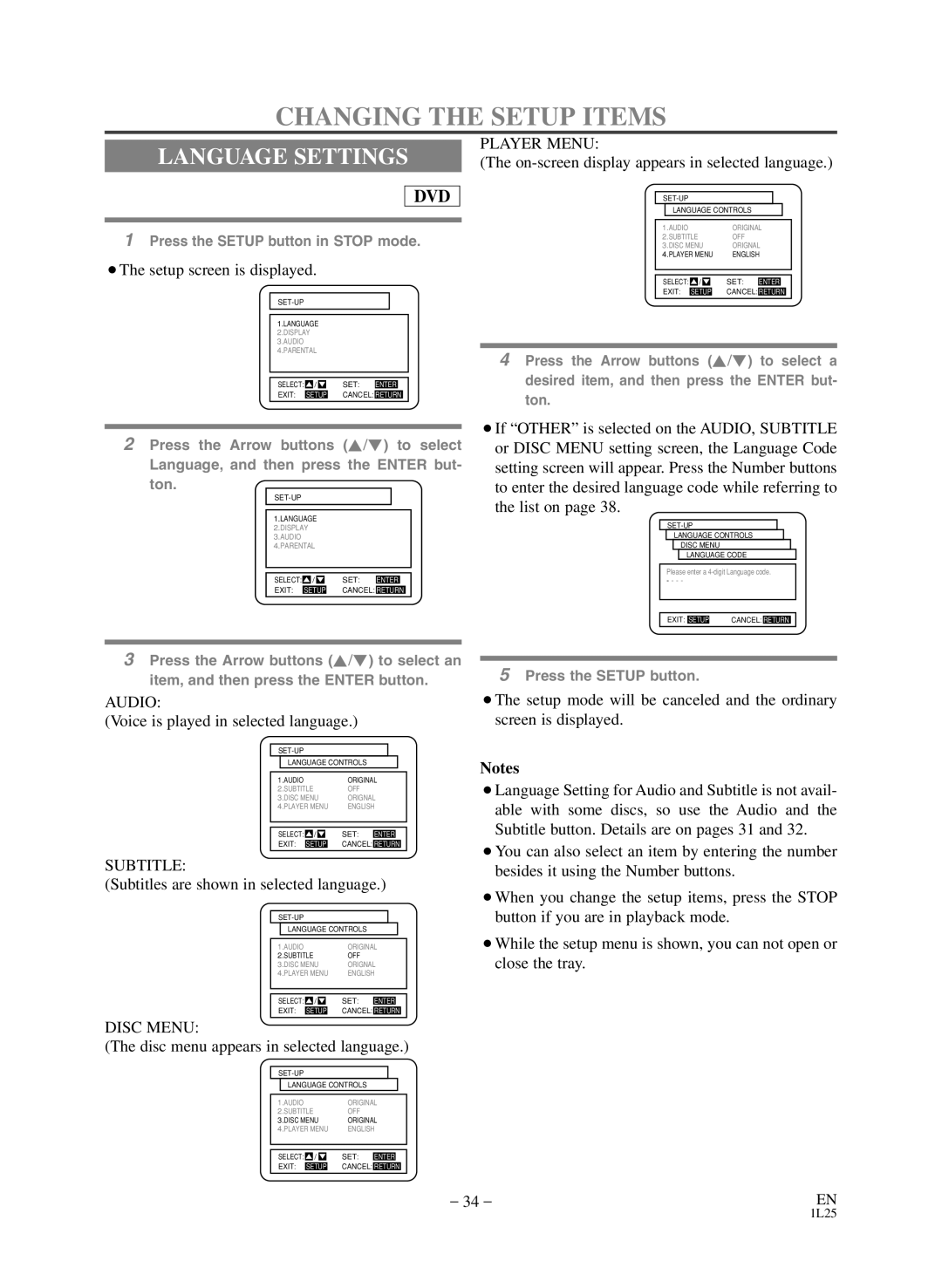 Sears SRD2900 owner manual Changing the Setup Items, Language Settings 