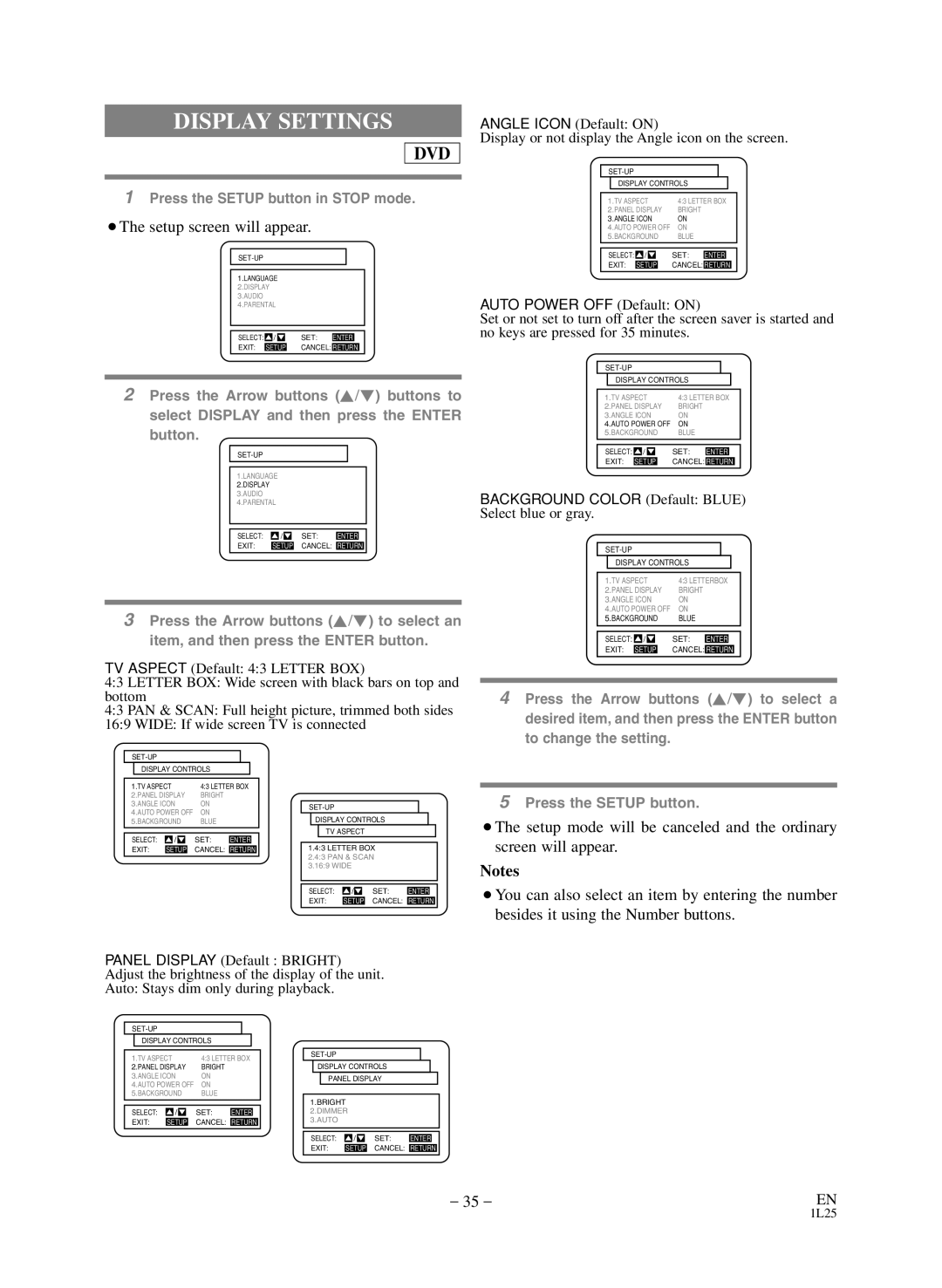 Sears SRD2900 owner manual Display Settings, Auto Power OFF Default on 