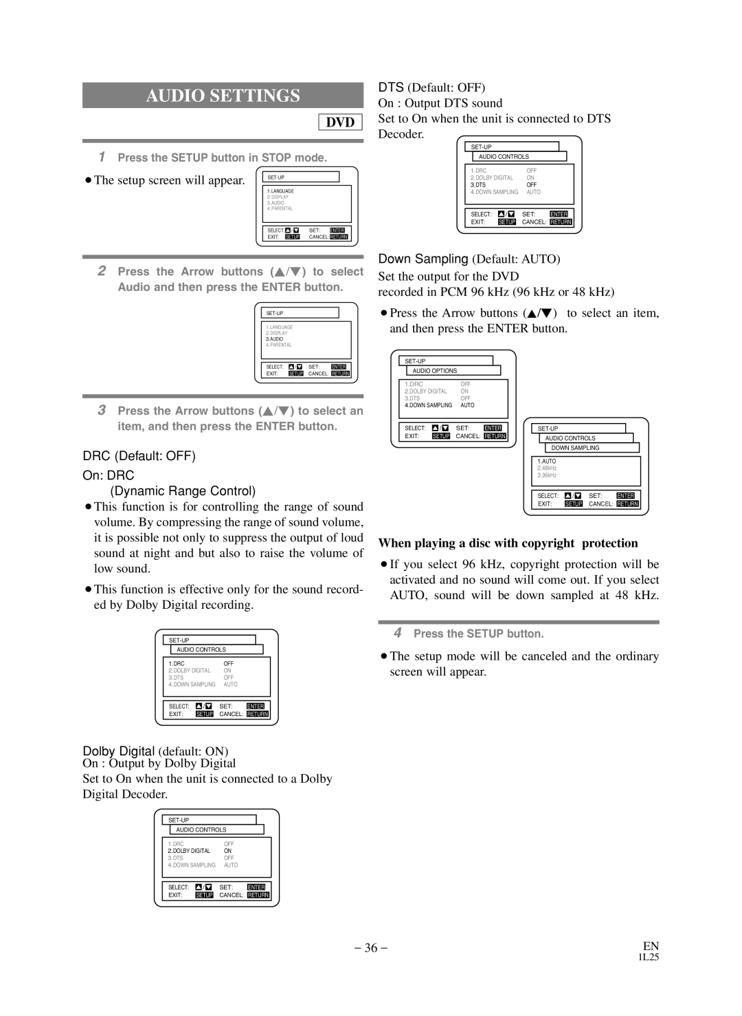 Sears SRD2900 owner manual Audio Settings, When playing a disc with copyright protection 