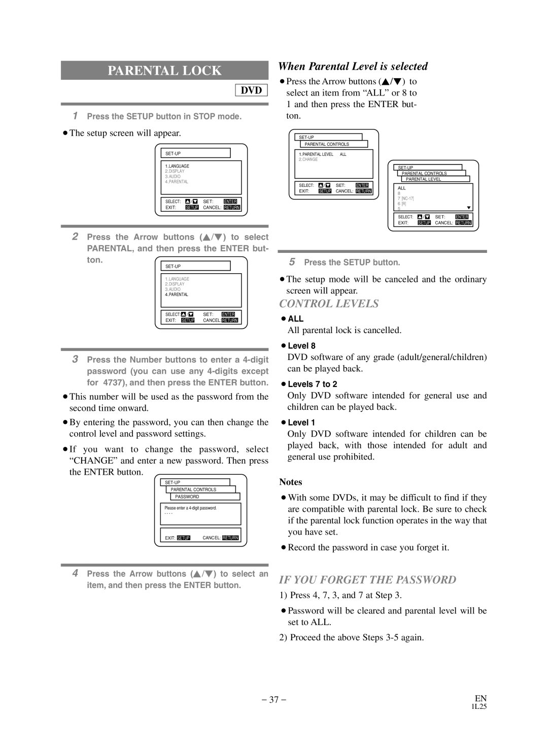 Sears SRD2900 owner manual Parental Lock, All parental lock is cancelled 