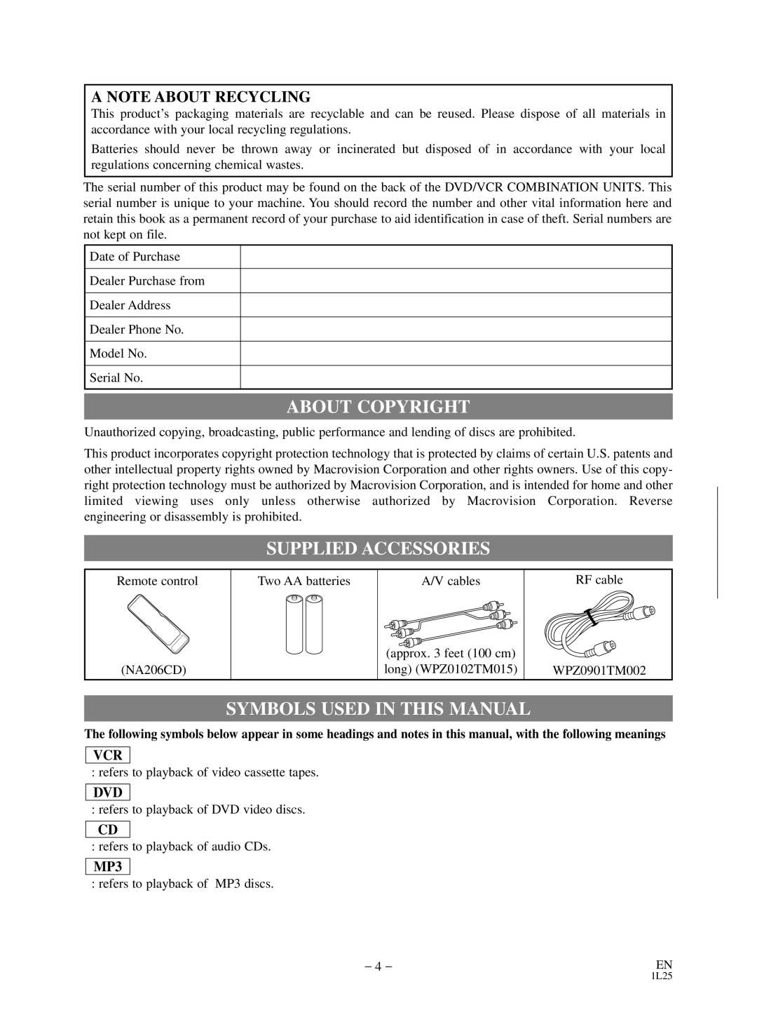 Sears SRD2900 About Copyright, Supplied Accessories, Symbols Used in this Manual, Refers to playback of MP3 discs 