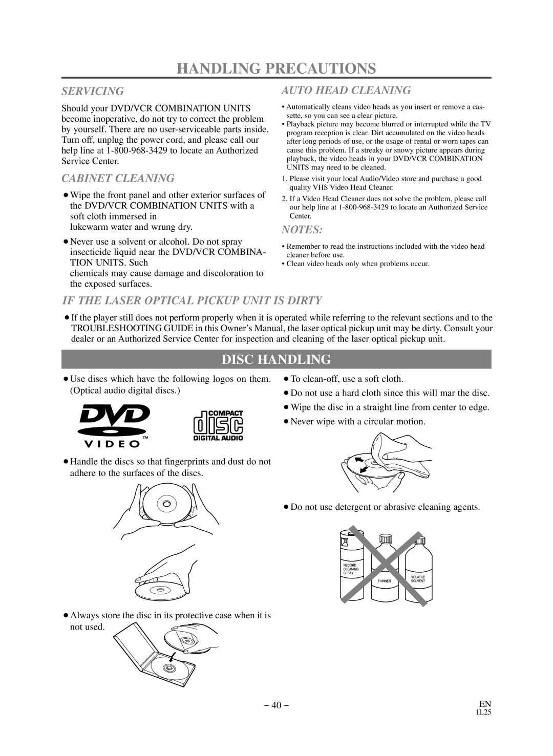 Sears SRD2900 owner manual Handling Precautions, Disc Handling 