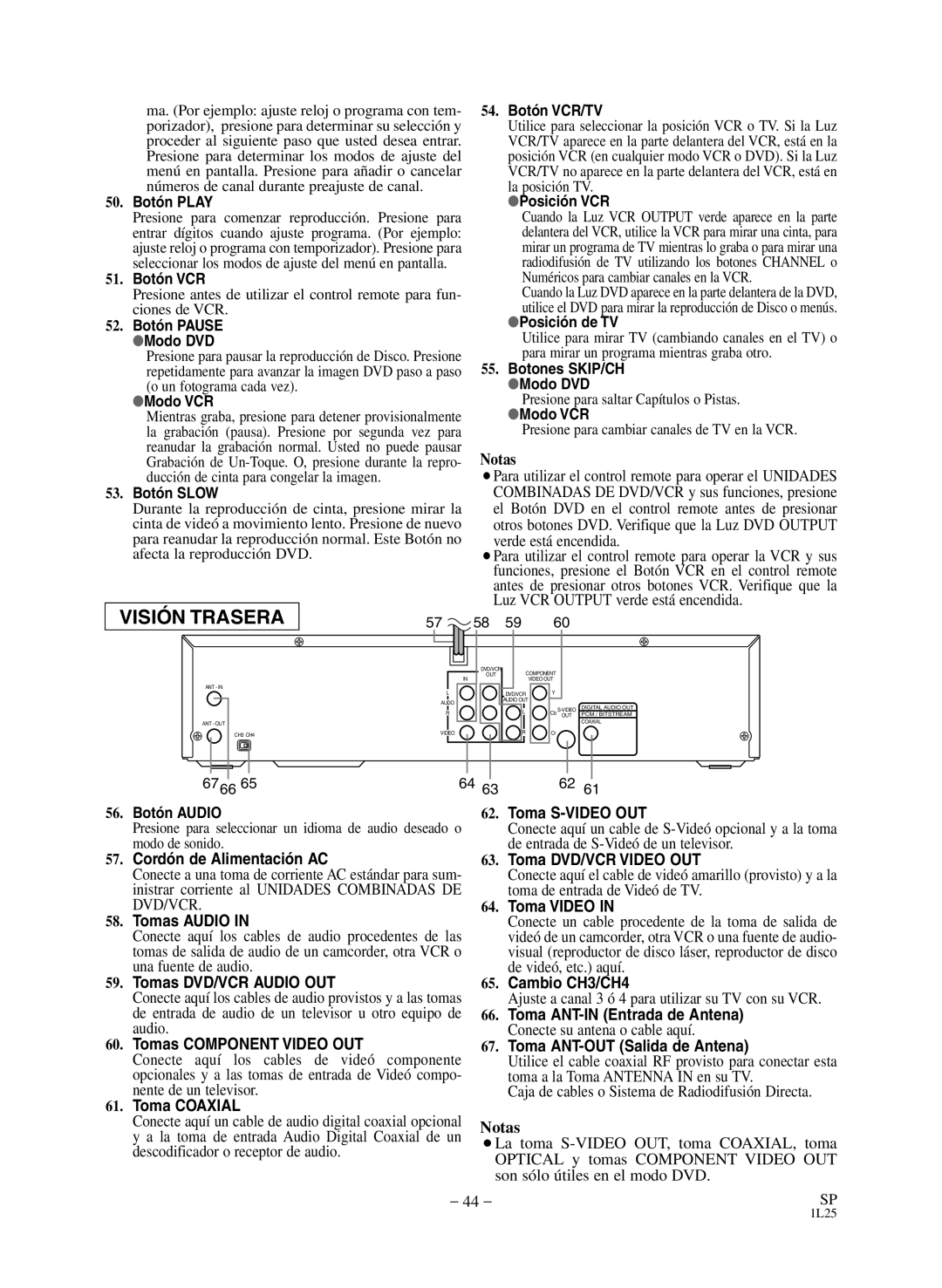 Sears SRD2900 Botón VCR/TV, Botón Play Posición VCR, Botón Pause Posición de TV Modo DVD, Botones SKIP/CH, Botón Slow 