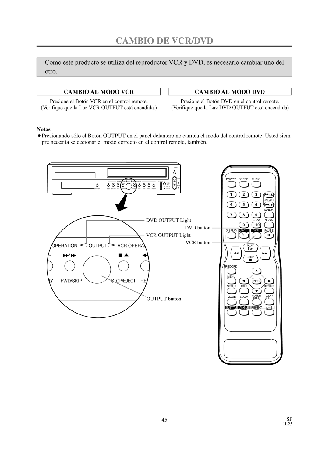 Sears SRD2900 owner manual Cambio DE VCR/DVD, Cambio AL Modo DVD 