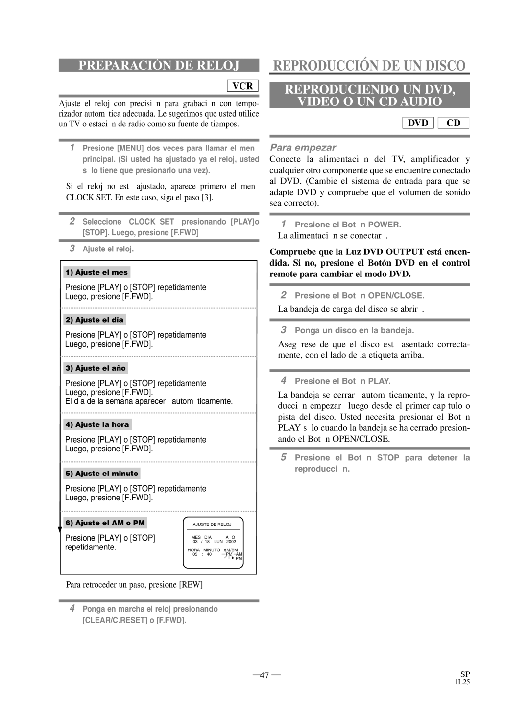 Sears SRD2900 owner manual Reproducción DE UN Disco, Preparación DE Reloj, Reproduciendo UN DVD Video O UN CD Audio 