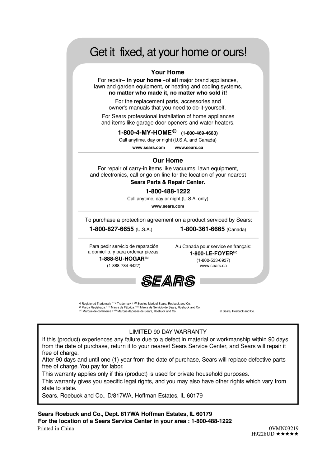 Sears SRD2900 owner manual Sears Parts & Repair Center, Canada, 0VMN03219, H9228UD 